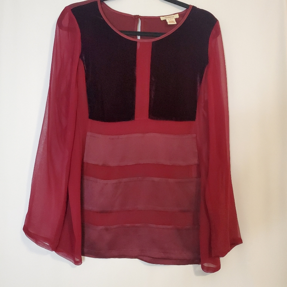 Sundance 100% Silk Women's Size L shear tunic blouse w/ velvet patchwork detail